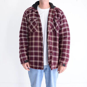 Kamotek  Maroon & Black Checker Quilted Lined Hooded Snap Button Shacket Large